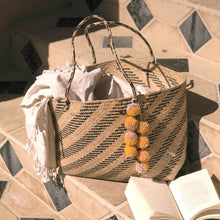 Load image into Gallery viewer, Borneo Sani Stripes Straw Tote Bag - with Marigold Tiered Pom-poms