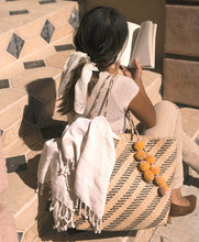 Load image into Gallery viewer, Borneo Sani Stripes Straw Tote Bag - with Marigold Tiered Pom-poms